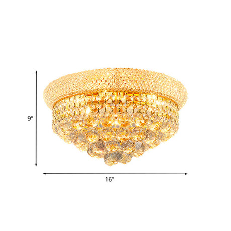 Vintage Gold Cut Crystal Ceiling Light With 6-Bulb Cone Flush Mount For Bedroom