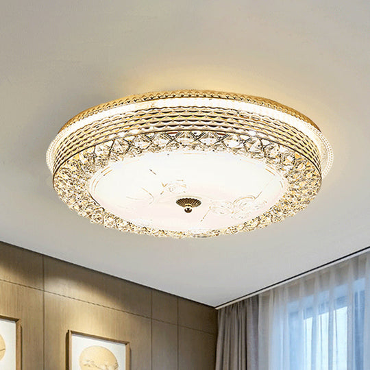 Gold Metal Flush Mount Led Ceiling Light With Crystal Accent And Opal Glass Shade