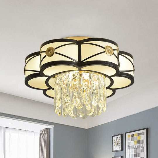 Modern Flower - Shaped Black Iron Flushmount Ceiling Lamp With Crystal Rod Drop - 4 - Head Light