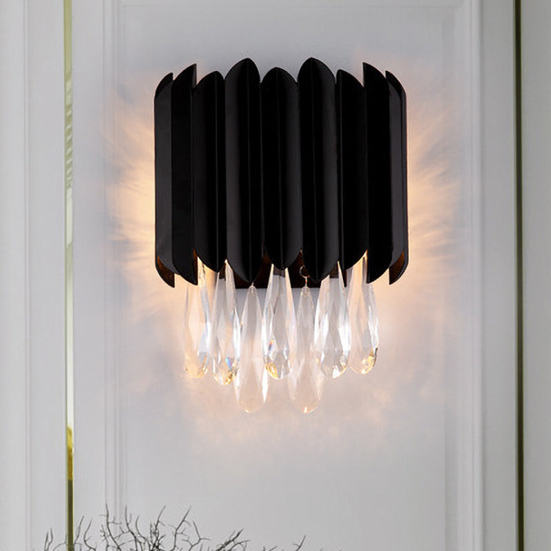 Mid Century Metal Wall Sconce With Crystal Droplets In Black - 2-Light Flush Mount