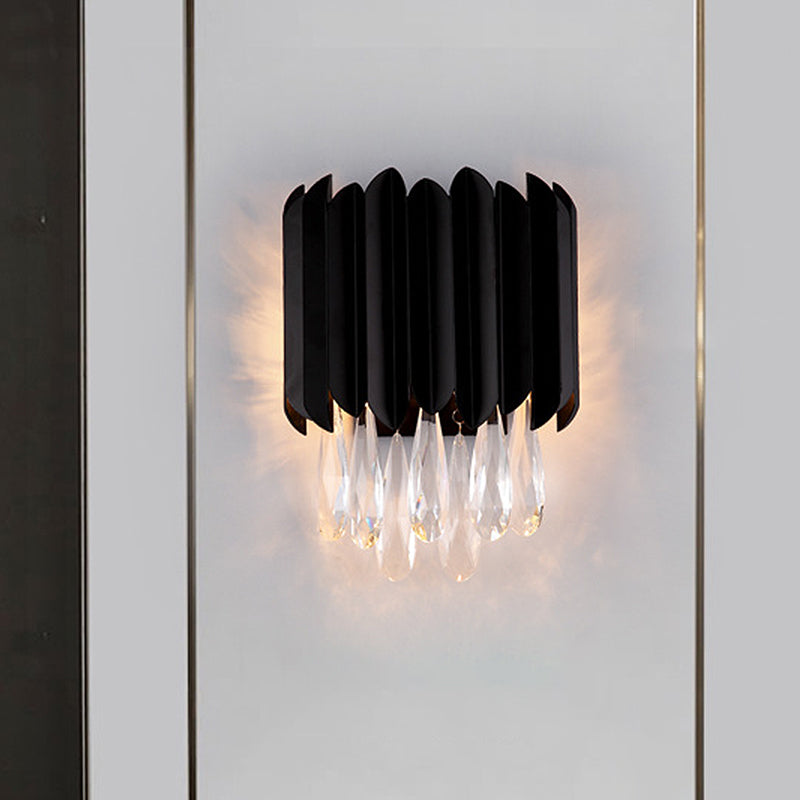 Mid Century Metal Wall Sconce With Crystal Droplets In Black - 2-Light Flush Mount