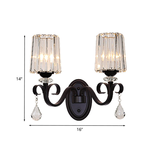 Clear Prismatic Crystal Sconce - Modern Black Cylinder Wall Mount Lamp For Living Room