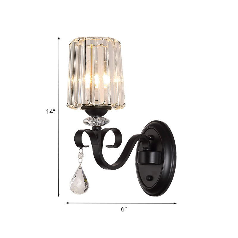 Clear Prismatic Crystal Sconce - Modern Black Cylinder Wall Mount Lamp For Living Room