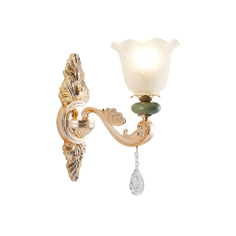 Opal Frosted Glass Ruffle Shade Wall Sconce Light In Gold Traditional Half-Bulb Lighting