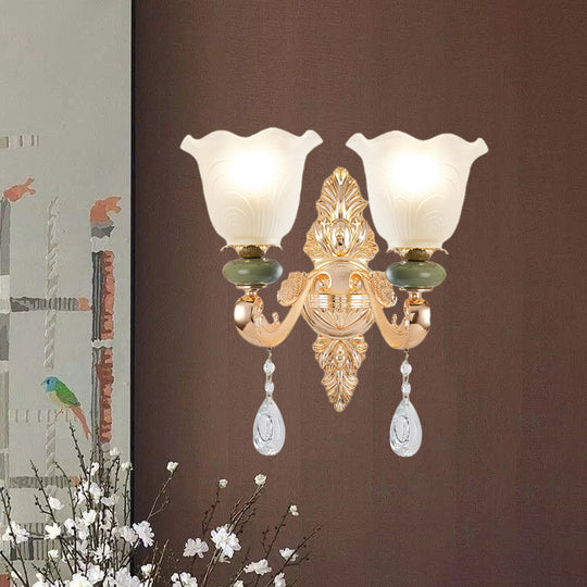 Opal Frosted Glass Ruffle Shade Wall Sconce Light In Gold Traditional Half-Bulb Lighting