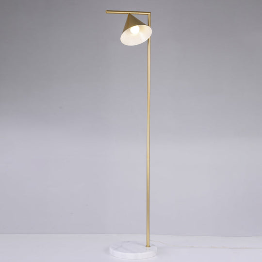 Minimalist Conical Shade Floor Light With Right Angle Arm - Black/Gold Finish Stand-Up Lamp