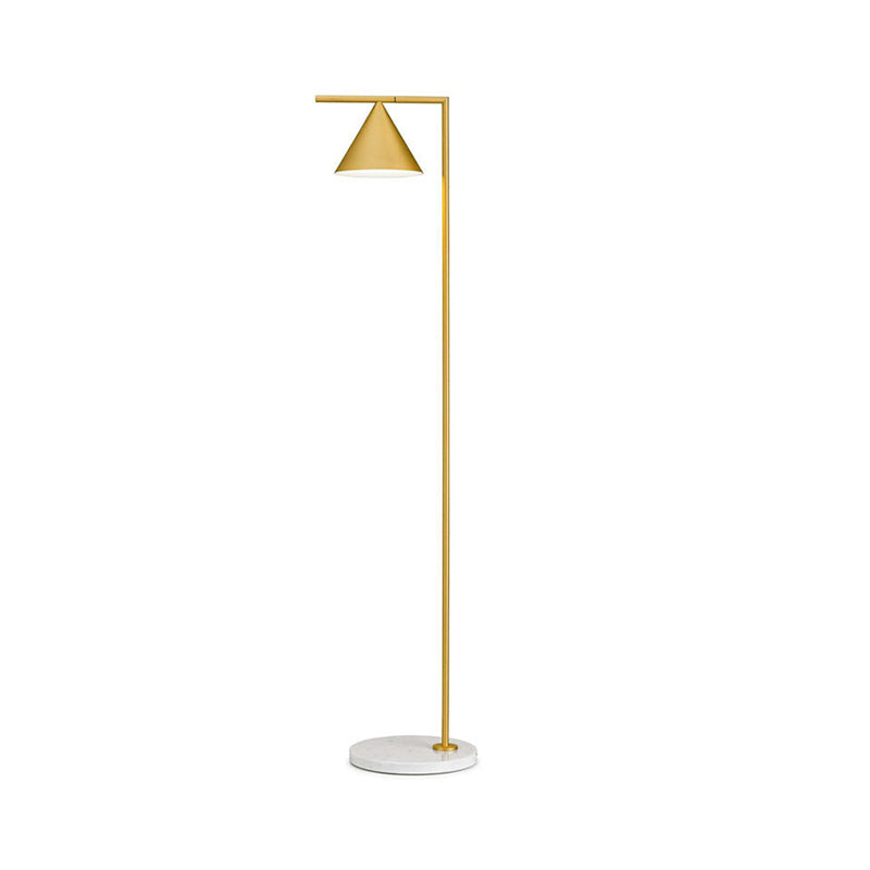 Minimalist Conical Shade Floor Light With Right Angle Arm - Black/Gold Finish Stand-Up Lamp