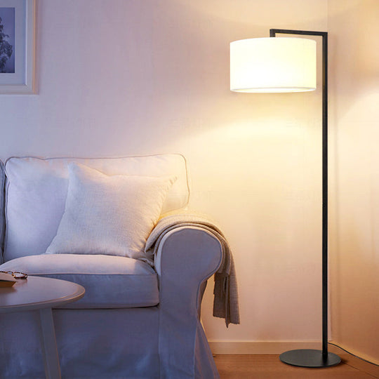 Modern Right Angle Floor Lamp - Simple Metal 1-Head White/Black Fabric Ideal For Living Room Reading