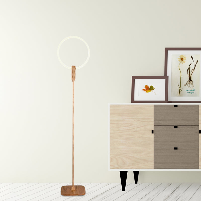 Modern Circle Led Floor Lamp - Wood Stand Up Light For Study Room In Beige