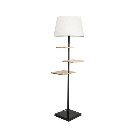 Modernist Wood Square Panel Floor Lamp - Black Finish Fabric Shade