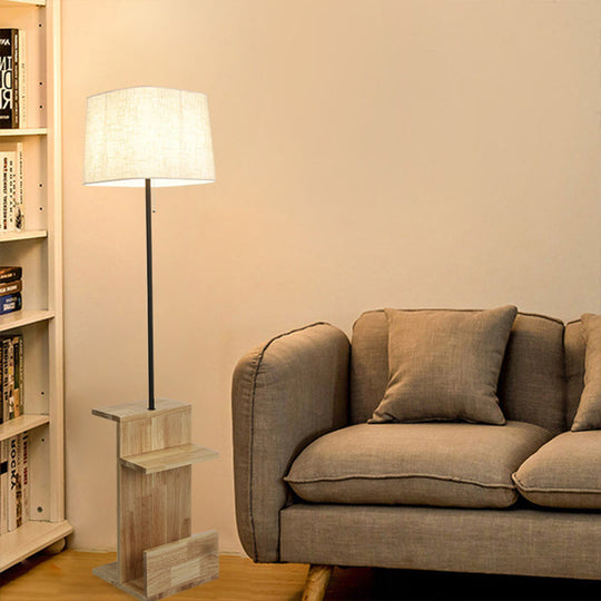 Modern White Fabric Rectangle Stand Desk Light With Wood Floor Lamp For Living Room
