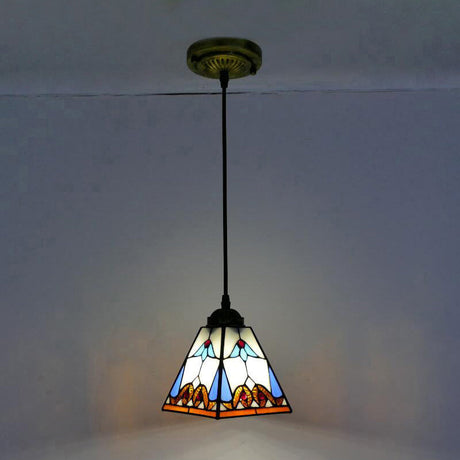Tiffany-Style Pendant Light: Tapered Hanging Lamp With White Stained Glass And 1 Bulb