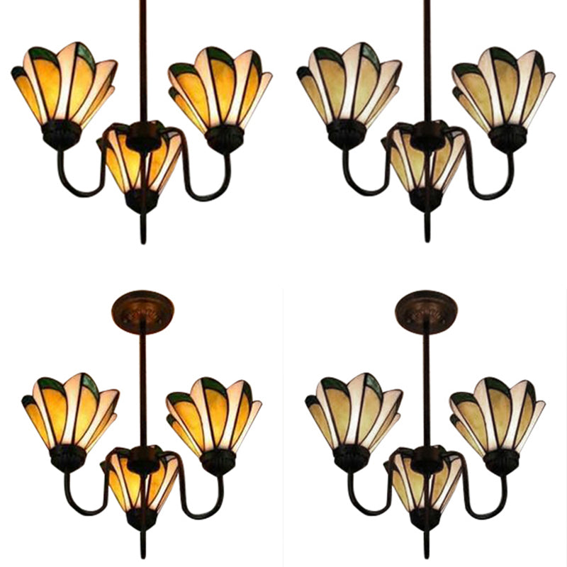 Yellow Tiffany Stained Glass Ceiling Pendant - Conical Hanging Light (Set Of 3) Traditional Design