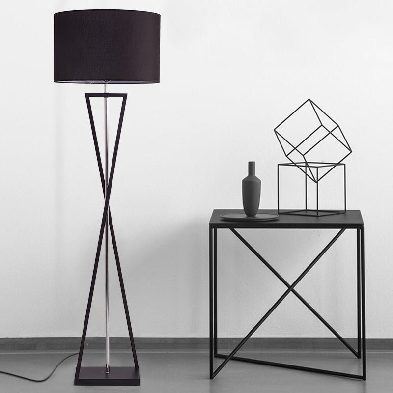 Modern Crossing Line Iron Stand-Up Lamp | 1-Bulb Reading Floor With Drum Shade (White/Black)