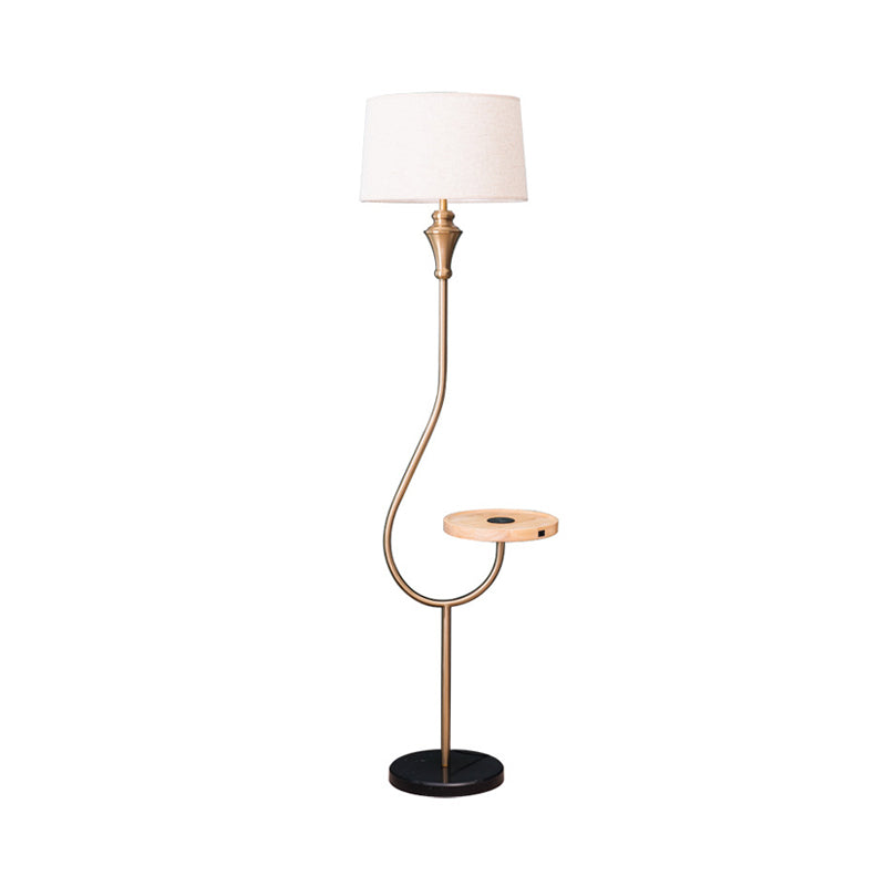 Modernist Gold Fabric Single Head Floor Lamp With Shelf Stylish Bedroom Lighting