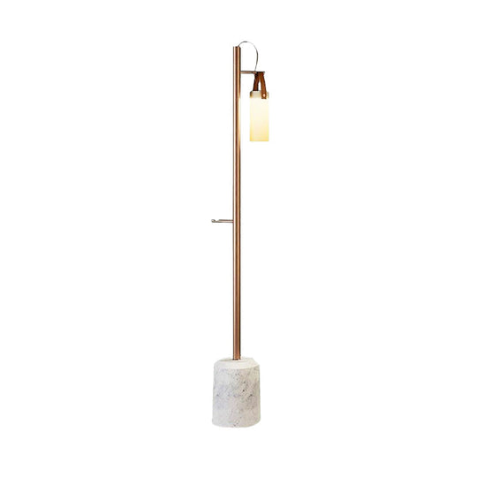 Modern Gold Tubular Floor Lamp With Opal Glass Shade & Leather Handle