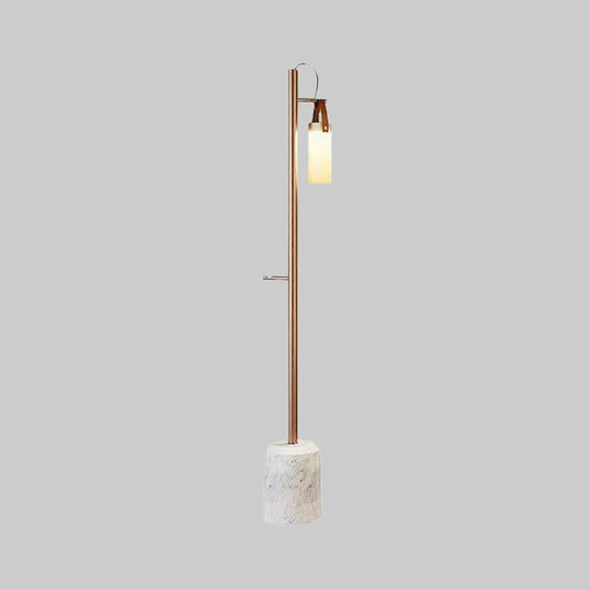 Modern Gold Tubular Floor Lamp With Opal Glass Shade & Leather Handle