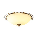 Rural Brass Flush Mount Ceiling Lamp With Frosted White Glass - 3/5 Bulbs Half-Globe Design