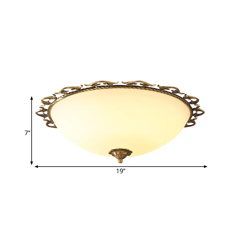 Rural Brass Flush Mount Ceiling Lamp With Frosted White Glass - 3/5 Bulbs Half-Globe Design