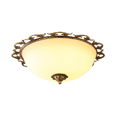Rural Brass Flush Mount Ceiling Lamp With Frosted White Glass - 3/5 Bulbs Half-Globe Design