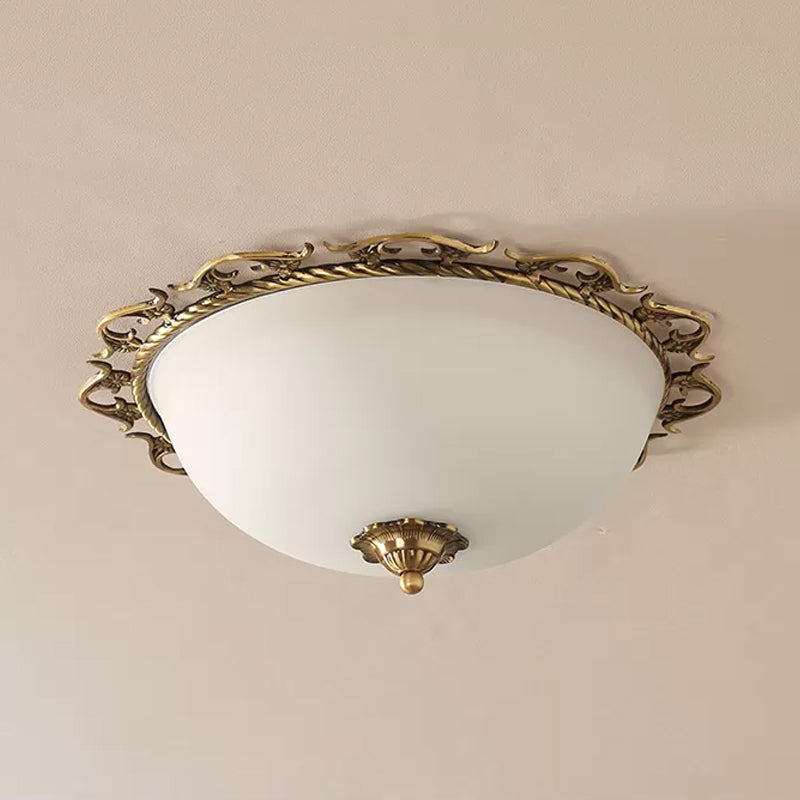 Rural Brass Flush Mount Ceiling Lamp With Frosted White Glass - 3/5 Bulbs Half - Globe Design