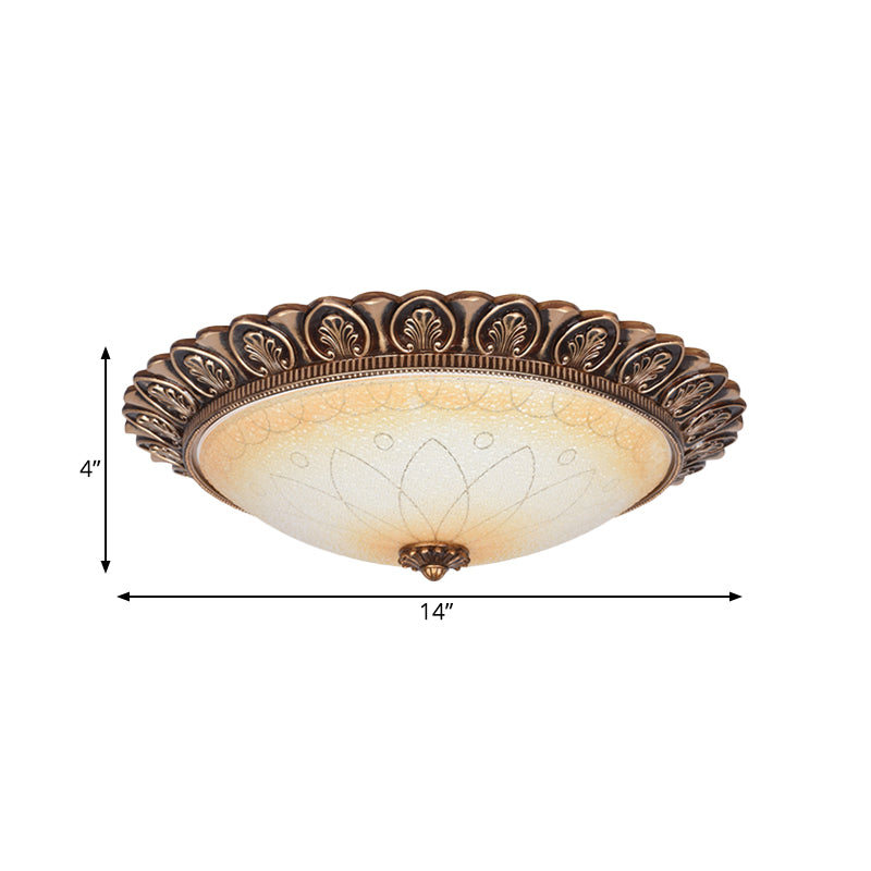 Antique Leaf-Trimmed Gold Led Flush Ceiling Light With Frosted Glass Dome - Flushmount Lighting
