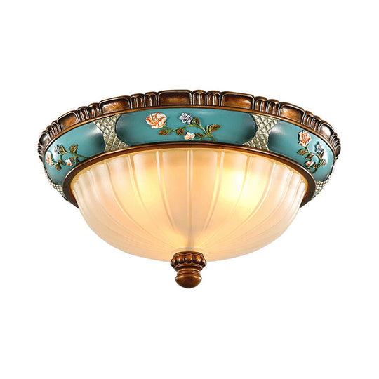 Green Retro Ribbed Glass Flush Mount Ceiling Light With Hemispherical Embossed Flower Design -