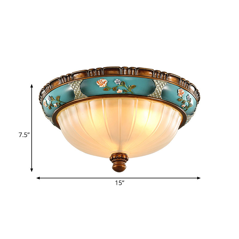 Green Retro Ribbed Glass Flush Mount Ceiling Light With Hemispherical Embossed Flower Design -