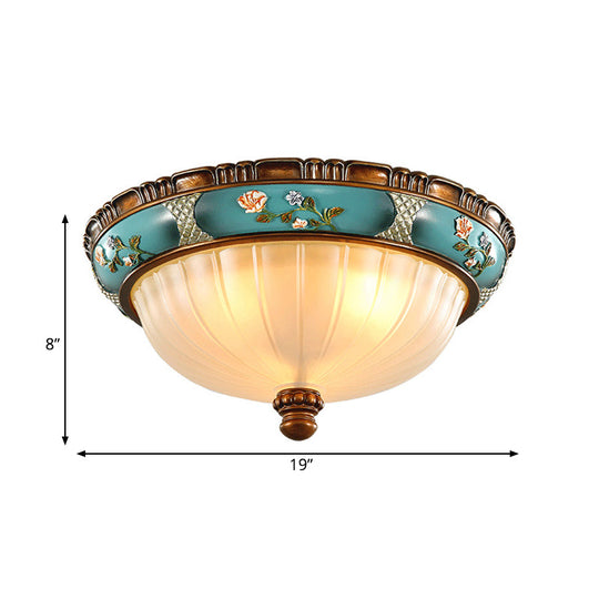 Green Retro Ribbed Glass Flush Mount Ceiling Light With Hemispherical Embossed Flower Design -