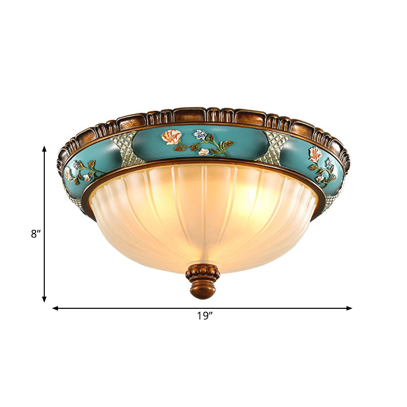 Green Retro Ribbed Glass Flush Mount Ceiling Light With Hemispherical Embossed Flower Design - 15/19