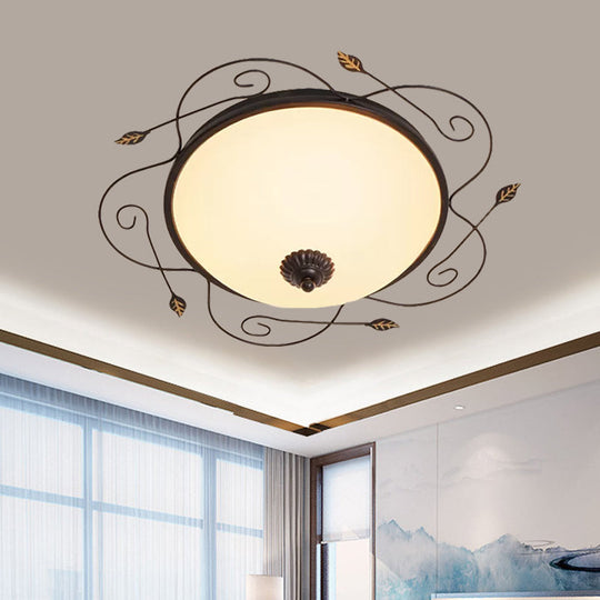 Ivory Glass Flushmount Ceiling Light With Twined Vines - 3-Head Dome Design Rural Style Black