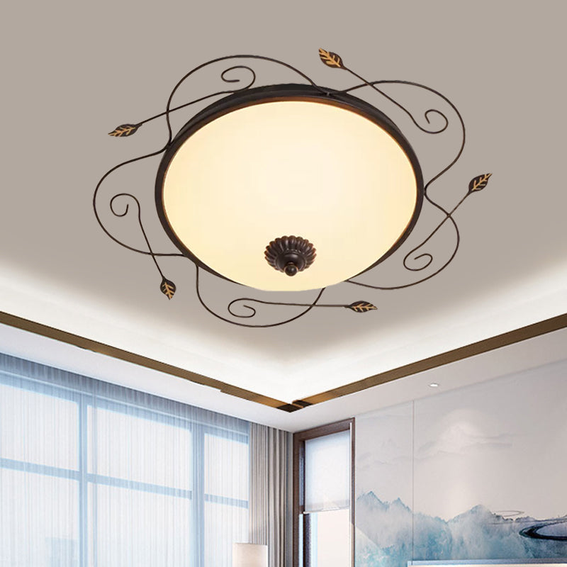 Ivory Glass Flushmount Ceiling Light With Twined Vines - 3-Head Dome Design Rural Style Black 18/25