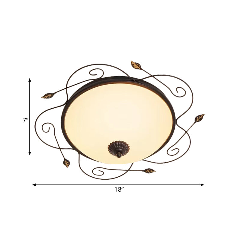 Ivory Glass Flushmount Ceiling Light With Twined Vines - 3-Head Dome Design Rural Style Black 18/25