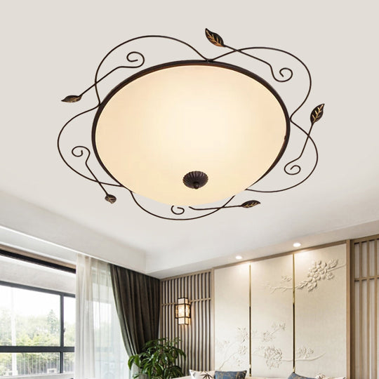 Ivory Glass Flushmount Ceiling Light With Twined Vines - 3-Head Dome Design Rural Style Black 18/25