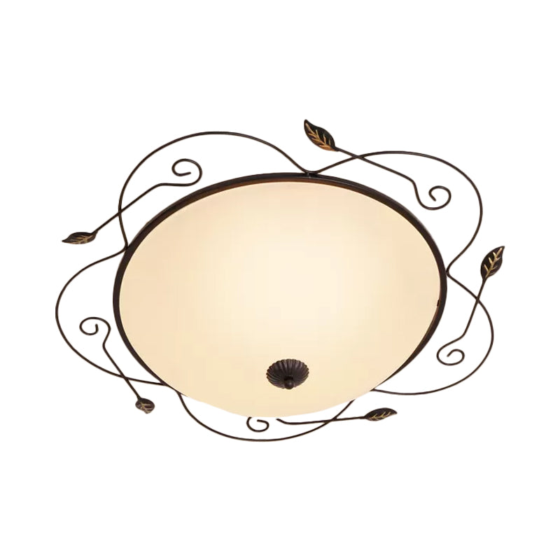 Ivory Glass Flushmount Ceiling Light With Twined Vines - 3-Head Dome Design Rural Style Black