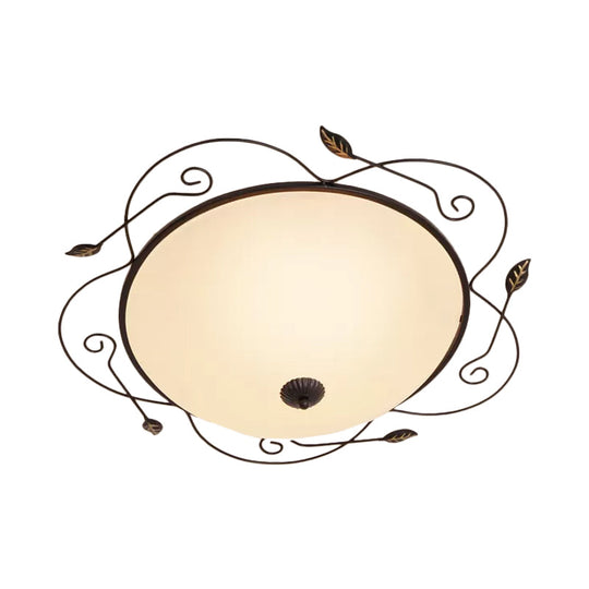 Ivory Glass Flushmount Ceiling Light With Twined Vines - 3-Head Dome Design Rural Style Black 18/25
