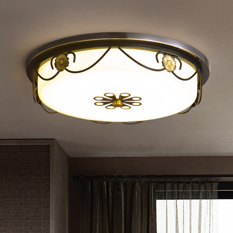 Rustic Black Round Bedroom Led Ceiling Light With White Glass Flush Mount Lamp