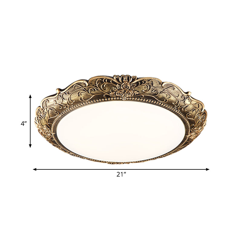Farmhouse Resin Brass Led Flush Mounted Ceiling Light With Embossed Rose Trim 18.5’/21’ Diameter