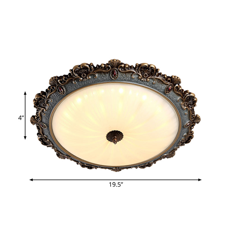 Rustic Brass Scalloped Round Flush Mount Ceiling Fixture With Milk Glass - Led 3 Sizes Countryside