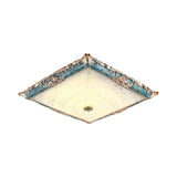 Green Led Flush Mount Ceiling Light With White Glass - Traditional Square Fixture 16’/19.5’ Width