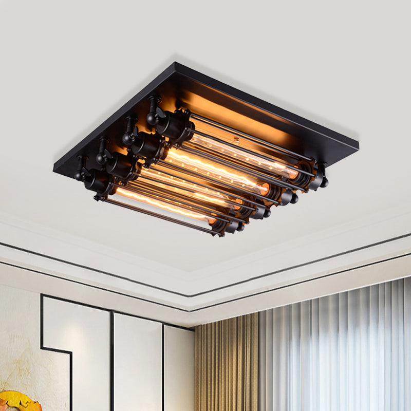 Industrial Black Square Ceiling Flush Mount Lamp With Clear Glass Tube - Perfect For Corridors