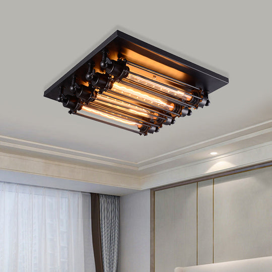 Industrial Black Square Ceiling Flush Mount Lamp With Clear Glass Tube - Perfect For Corridors