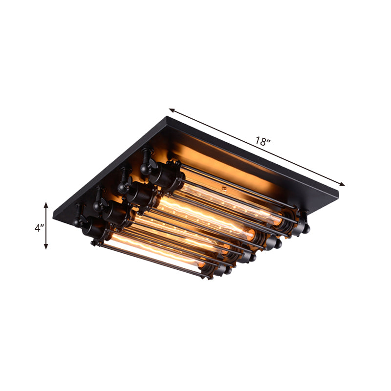 Industrial Black Square Ceiling Flush Mount Lamp With Clear Glass Tube - Perfect For Corridors