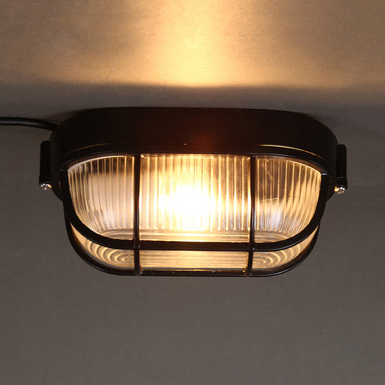Black Ribbed Glass Ceiling Lamp With Wire Cage - Half-Capsule Mini Flush Light For Farmhouse 1 Bulb