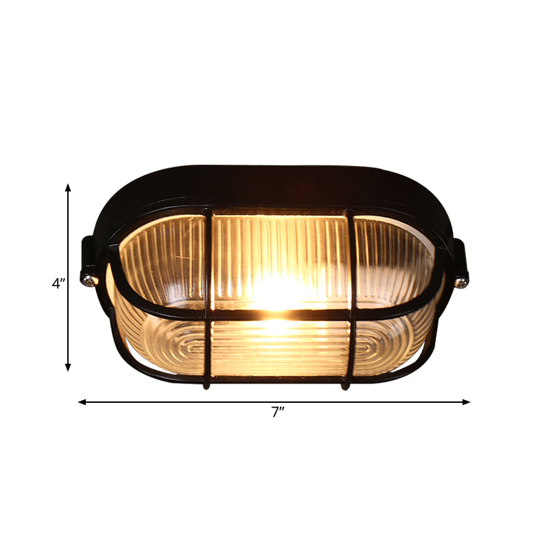 Black Ribbed Glass Ceiling Lamp With Wire Cage - Half - Capsule Mini Flush Light For Farmhouse 1