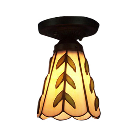 Rustic Tiffany Ceiling Lamp - Stained Glass Conical Mount Light For Kitchen Beige Shade
