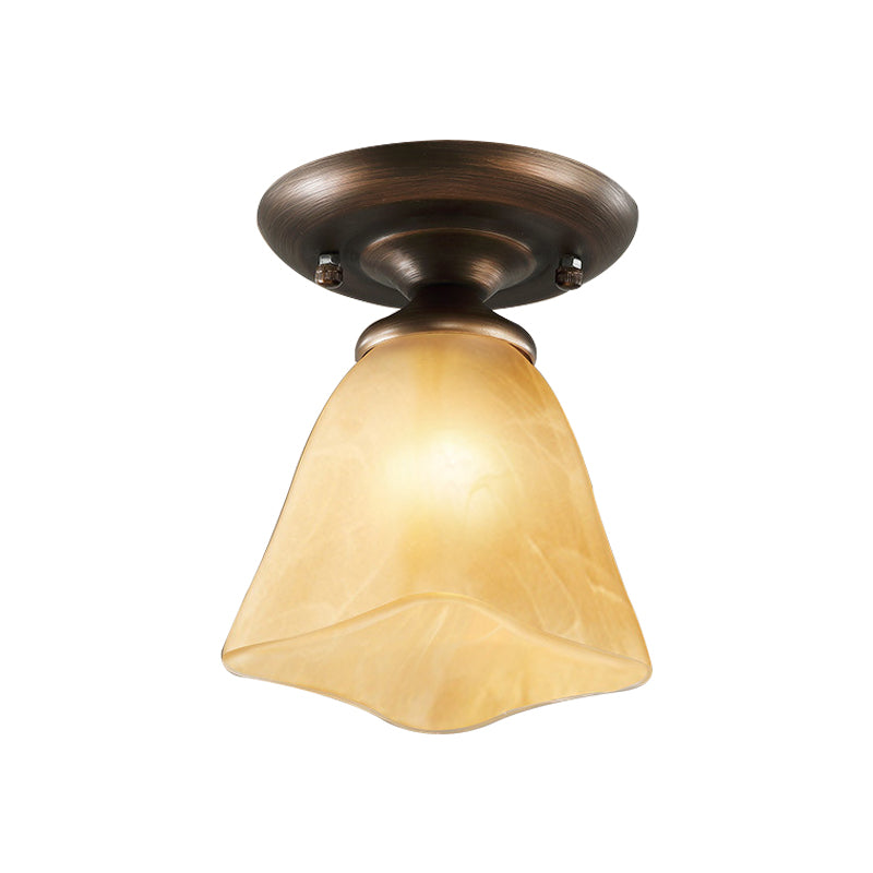 Cloudy Glass Tan Flushmount Cowbell Shaped Rural Ceiling Light For Stairs