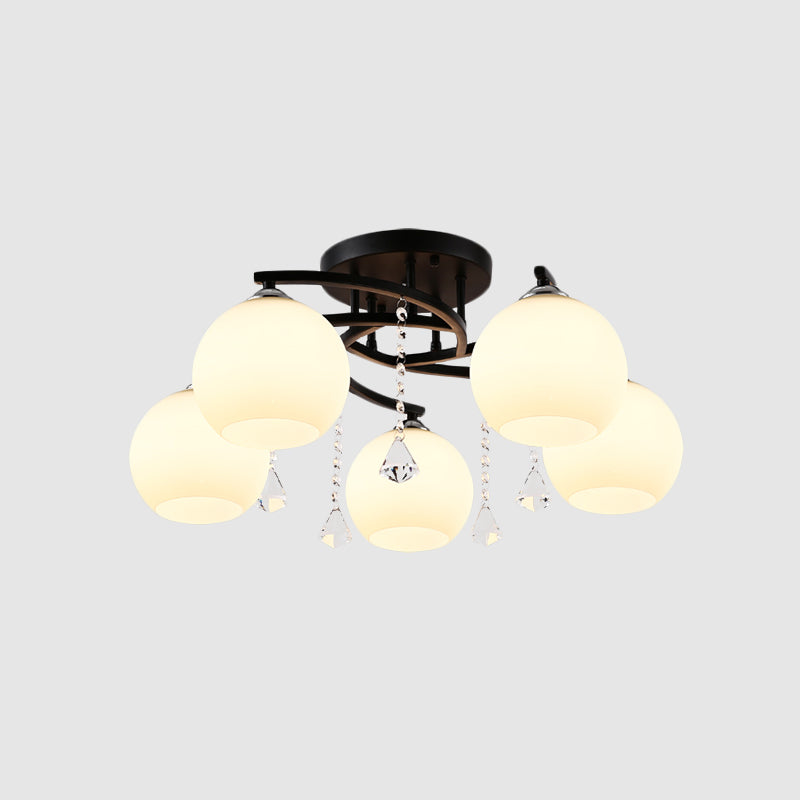 Modern Black Finish Sphere Semi Flush Lamp With Cream Glass - 5 - Bulb Spiral Mount Lighting Fixture