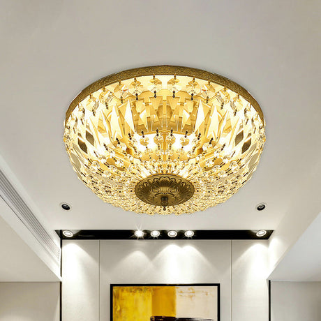 Clear Crystal Strand Flush Light - Modern Dome 4-Head Ceiling Lamp In Brass For Living Room