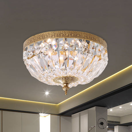 Modern Brass Bowl-Shape Ceiling Flush Light With Crystal Strand - 2 Bulbs Bedroom Lamp